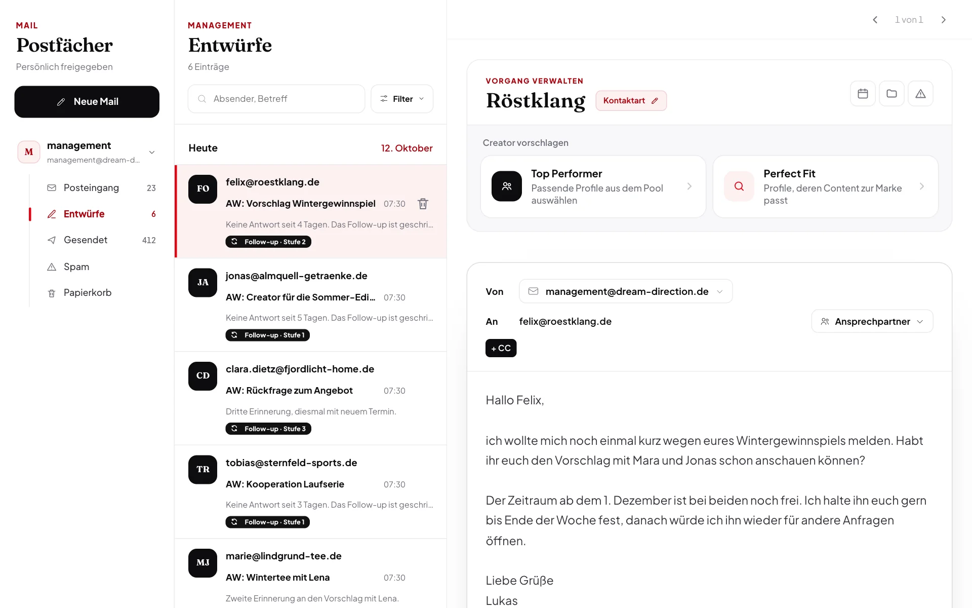 Management OS: Entwürfe-Ordner mit automatischen Follow-ups