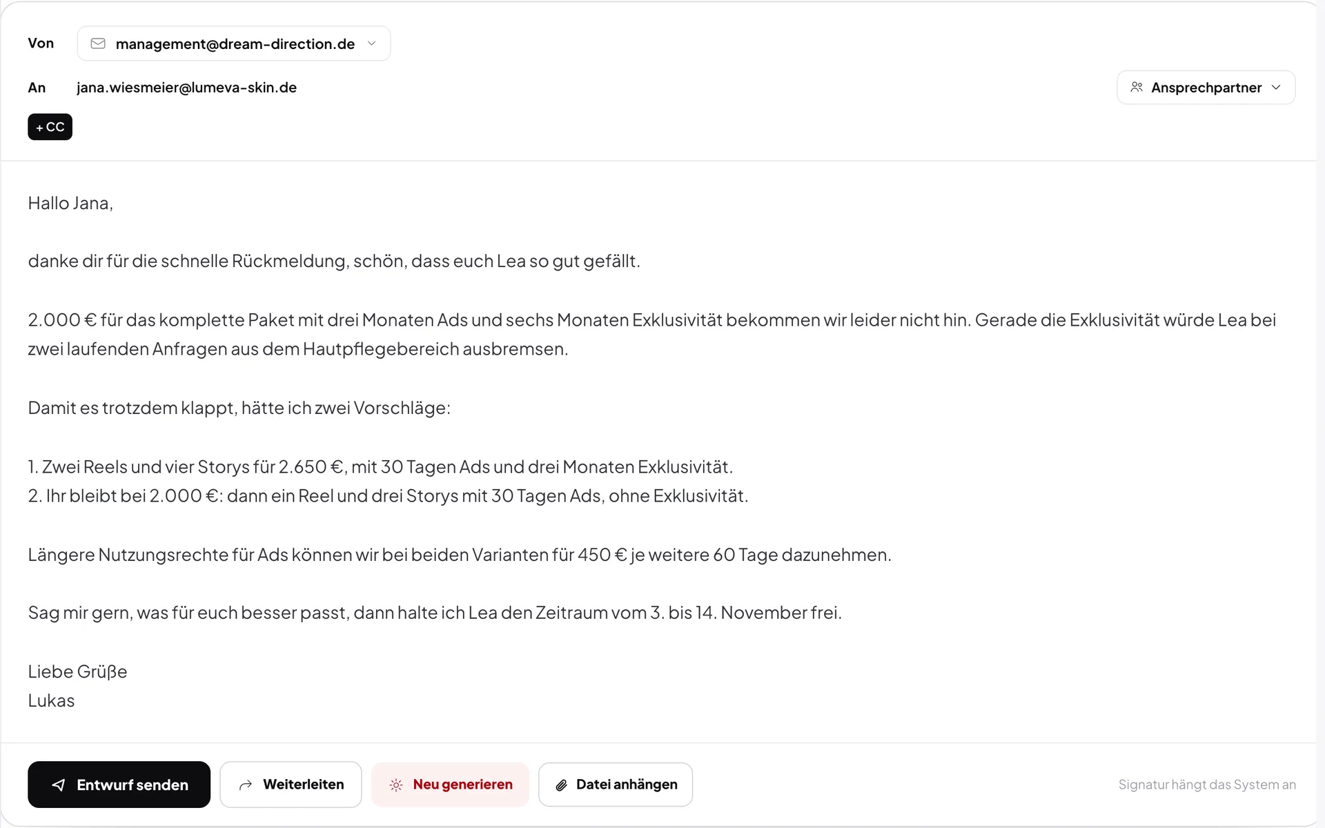 Management OS: Entwurf zu einer Preisverhandlung